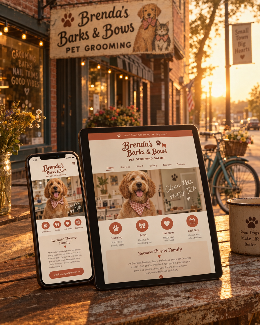 Pet grooming mobile website mockup, shown on a phone and tablet on a wooden table at golden hour