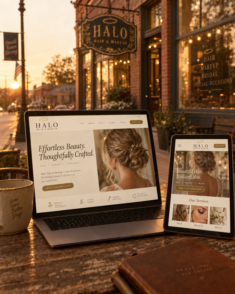 Hair and makeup salon website mockup, shown on a laptop and tablet on a wooden table at golden hour