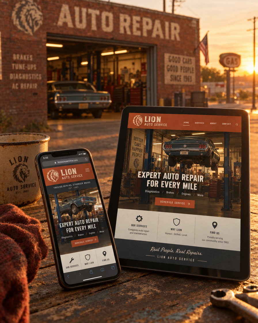 Auto repair website mockup, phone and tablet on a wooden table in front of a brick auto repair garage