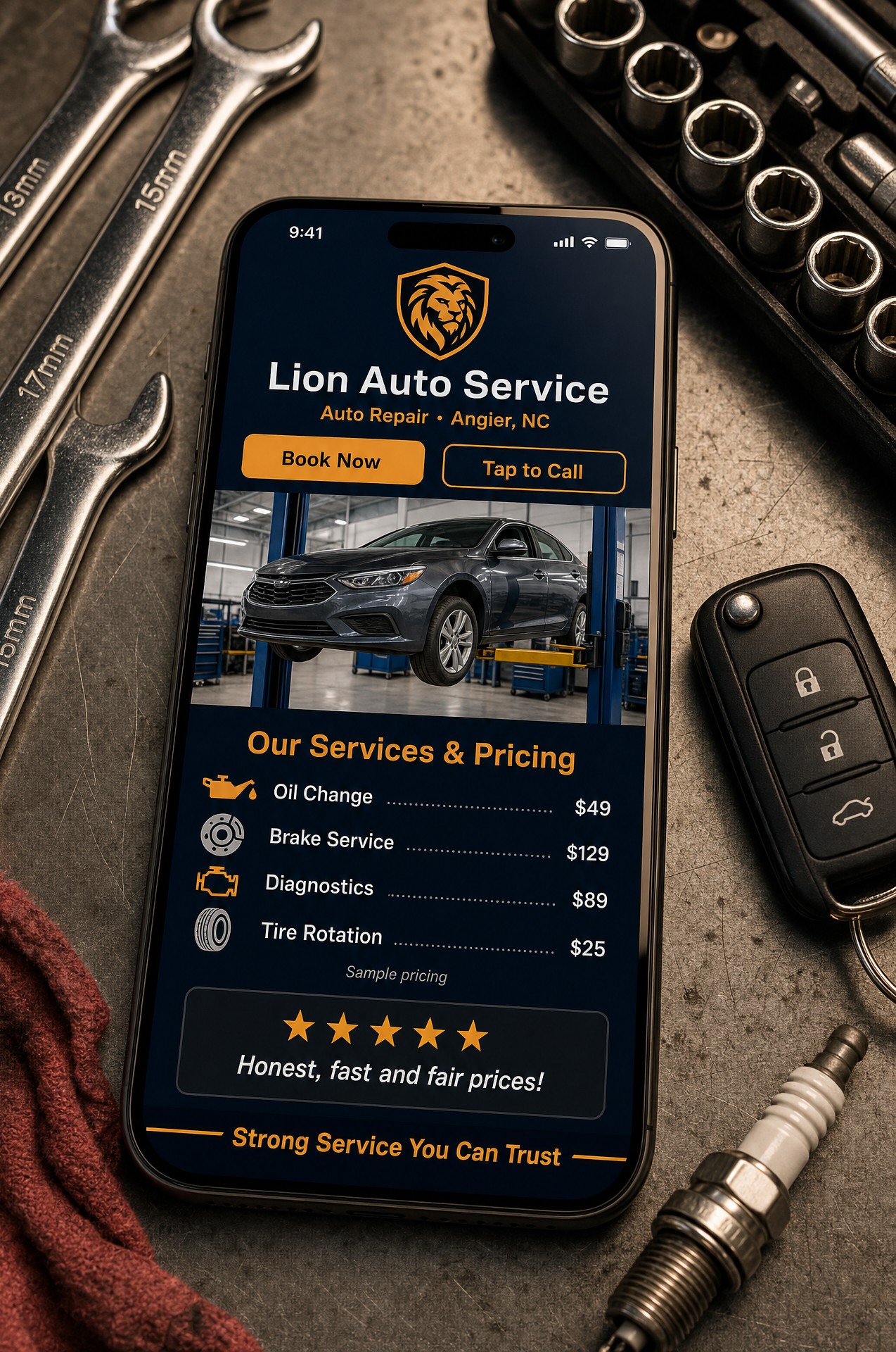 Lion Auto Service auto repair mobile website mockup