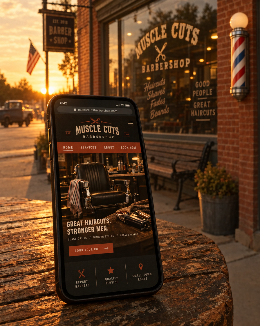 Barbershop mobile website mockup, phone shown on a wooden table in front of a brick barbershop at golden hour